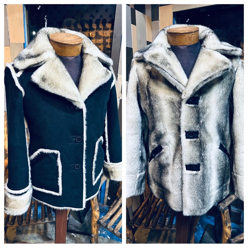 Dennis Basso Faux Blue Iris Mink Shearling Black Trimmed Coat